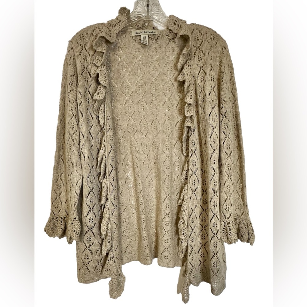 David Brooks Crochet 3/4 Flare Sleeve Tan Ruffled Open Cardigan Boho Y2K  Size L
